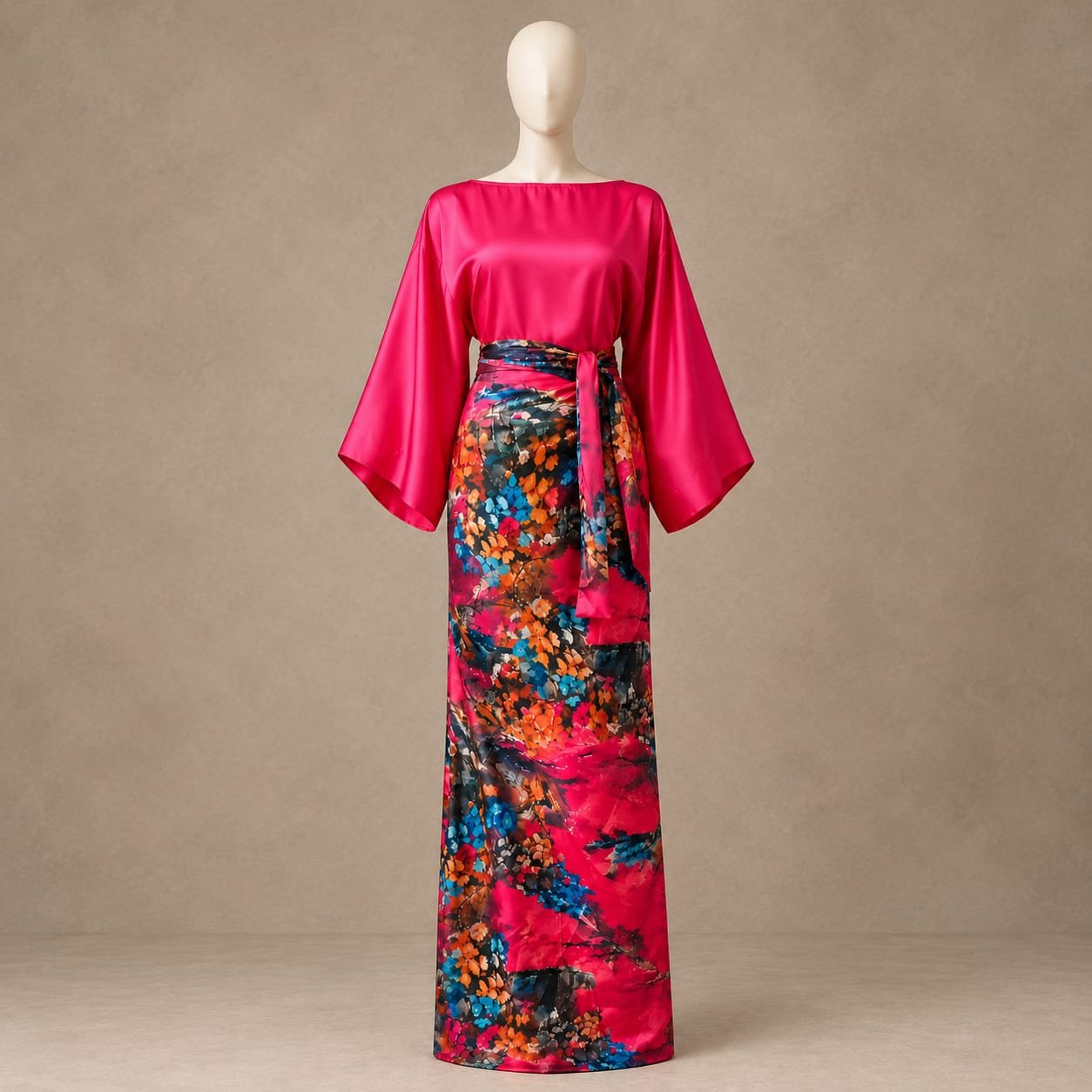 Shop the SELLBAY SILK BLOOM WRAP MAXI, a luxurious crimson-pink silk maxi with artistic floral print, flowing kimono sleeves and matching waist sash. Available XS–XXL.