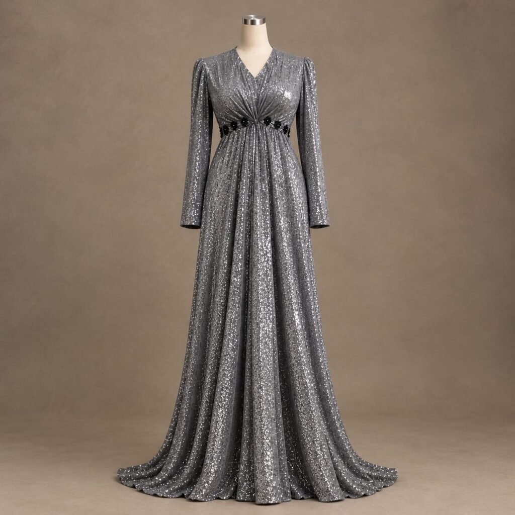 SELLBAY Moonlight Maxi silver-gray sparkling floor-length gown with long sleeves, ruched waist, black floral waist detailing, and flowing train displayed on a mannequin.