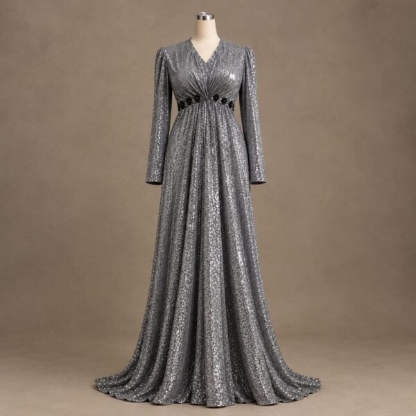 SELLBAY Moonlight Maxi silver-gray sparkling floor-length gown with long sleeves, ruched waist, black floral waist detailing, and flowing train displayed on a mannequin.