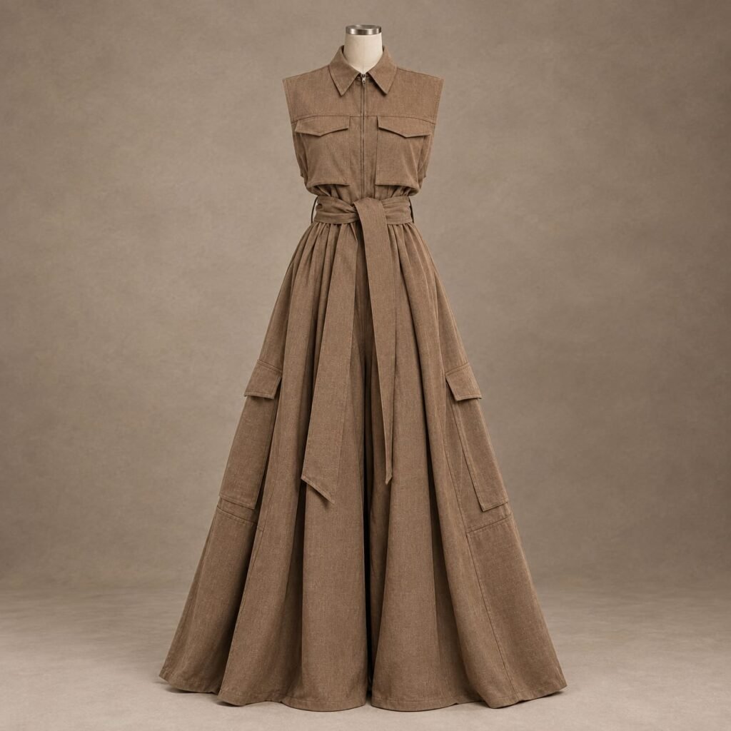SELLBAY brown cotton utility palazzo jumpsuit with wide-leg floor-length pants and waist tie