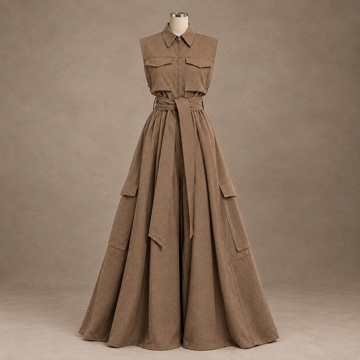 SELLBAY brown cotton utility palazzo jumpsuit with wide-leg floor-length pants and waist tie