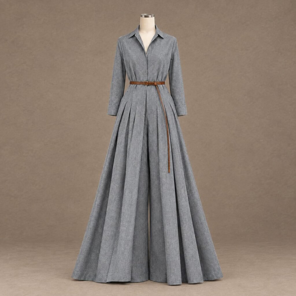 Floor-length gray pleated shirt dress with long sleeves, pointed collar, brown belt, and full flowing skirt displayed on a mannequin.