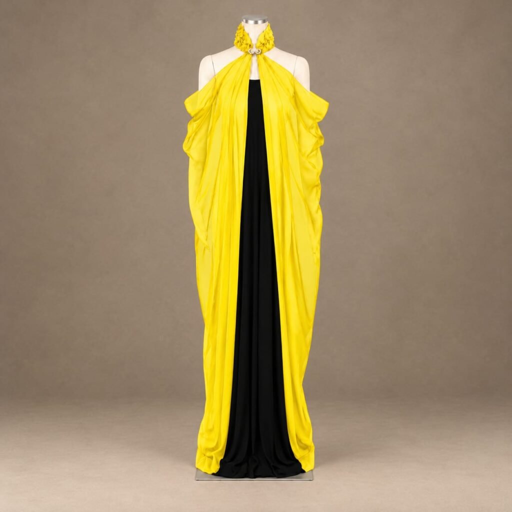 SELLBAY yellow chiffon cape with black strapless jersey maxi dress
