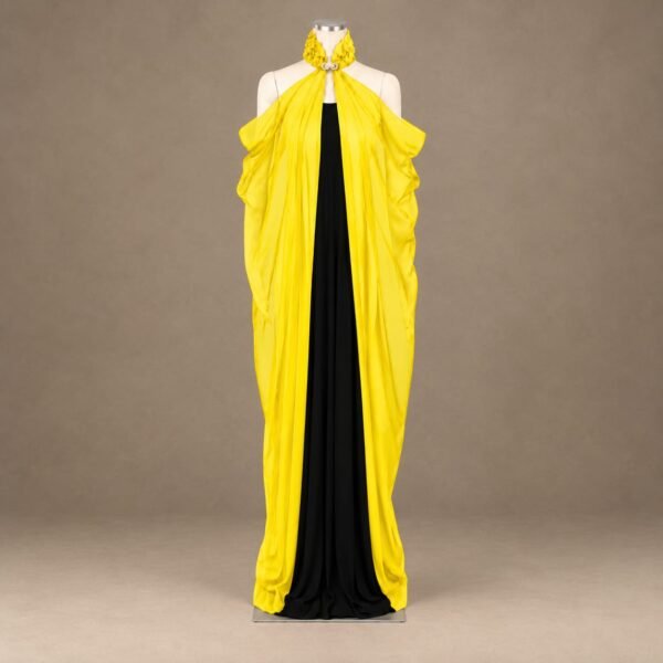 SELLBAY yellow chiffon cape with black strapless jersey maxi dress
