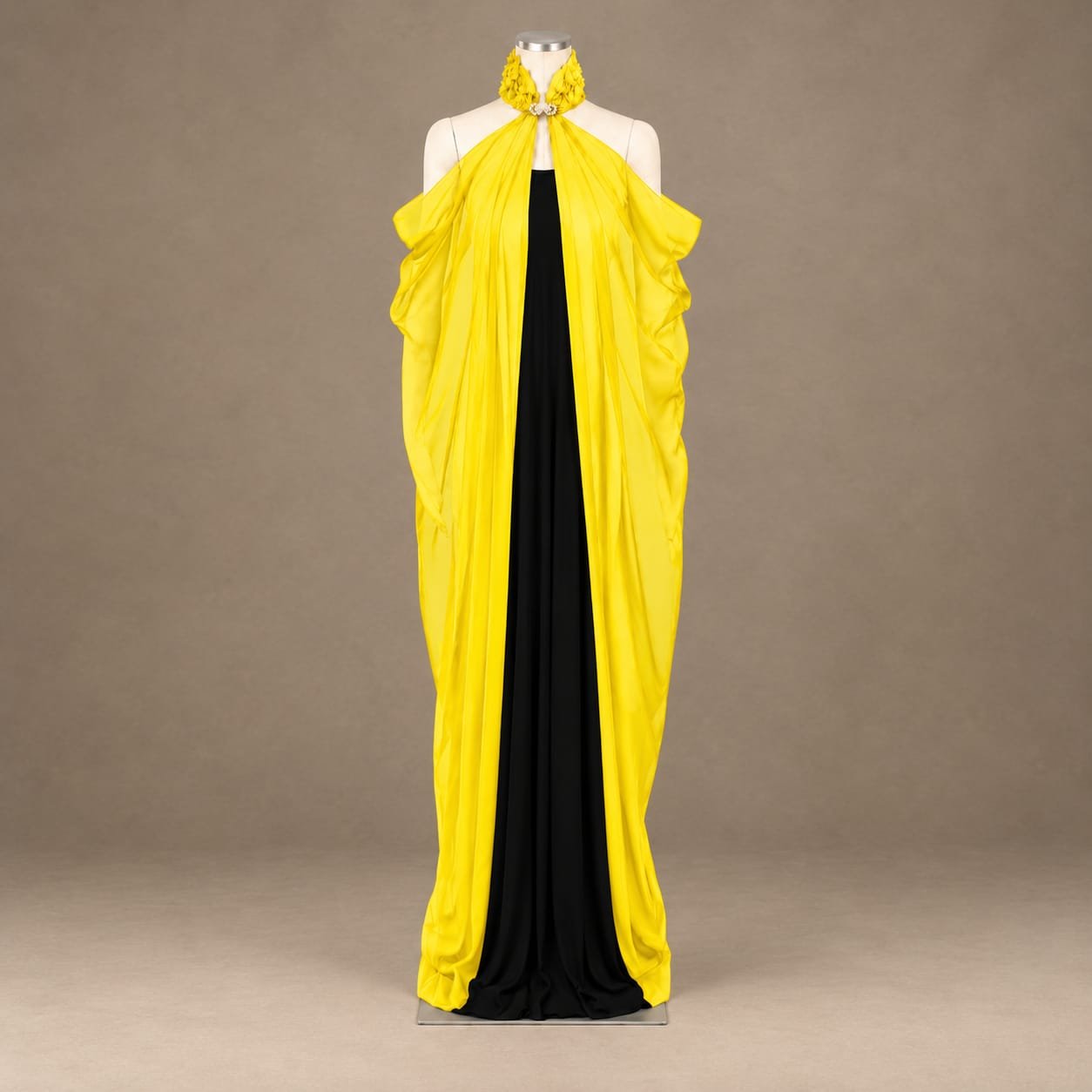 SELLBAY yellow chiffon cape with black strapless jersey maxi dress