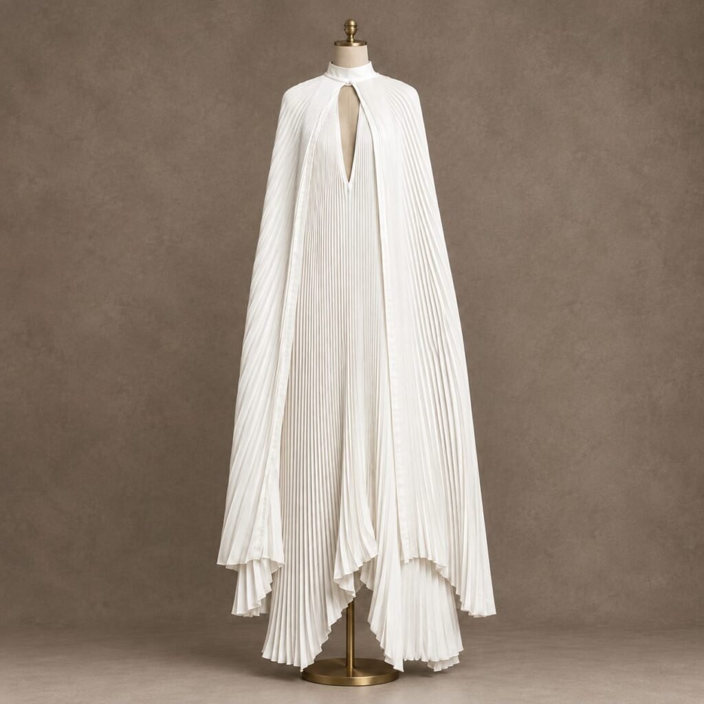 SELLBAY white pleated cape couture maxi dress displayed on a mannequin in a luxury fashion studio