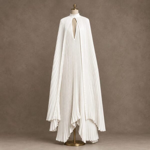SELLBAY white pleated cape couture maxi dress displayed on a mannequin in a luxury fashion studio