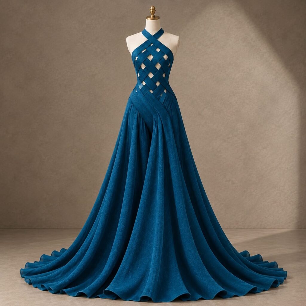 SELLBAY peacock blue wool floor-length evening gown displayed on a mannequin, featuring a halter neckline, crisscross lattice bodice, fitted waist, dramatic flared skirt and centre-back zipper.