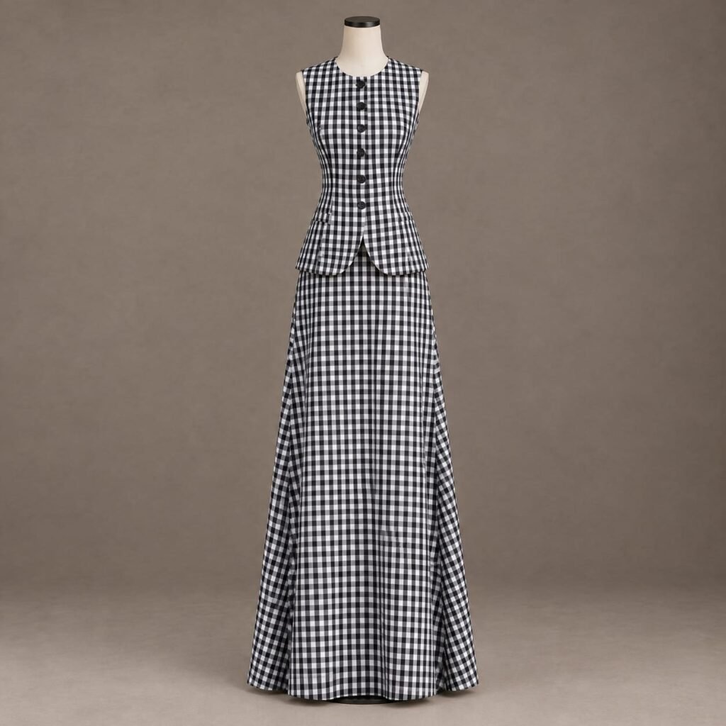 SELLBAY black and white gingham peplum maxi dress on mannequin