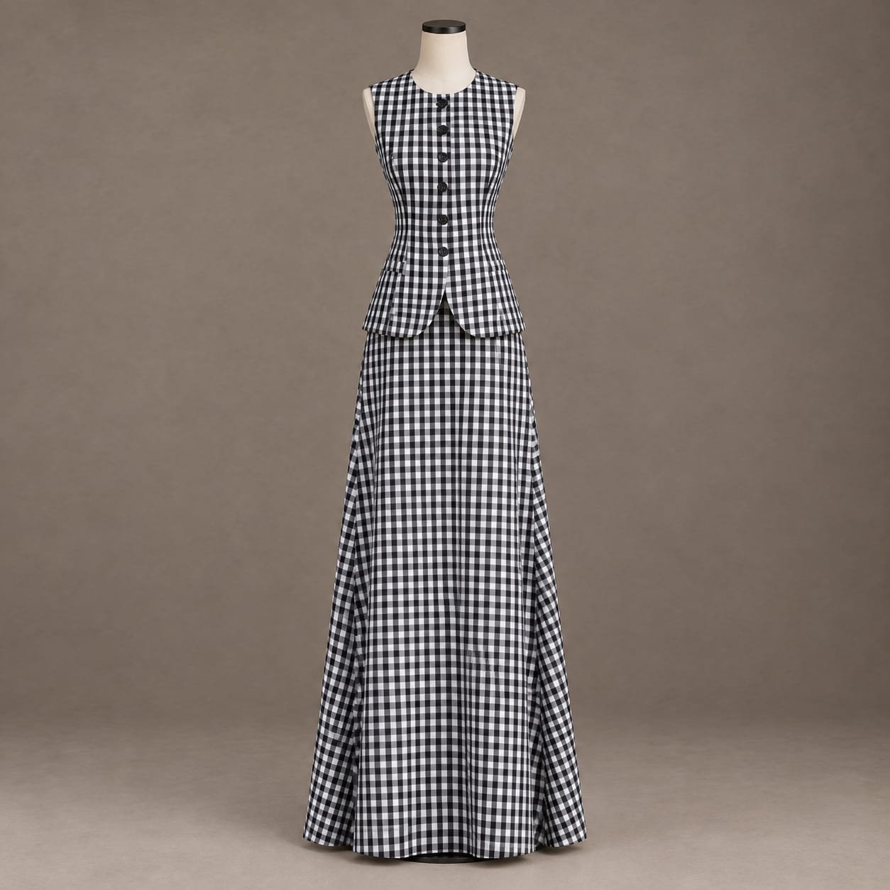 SELLBAY black and white gingham peplum maxi dress on mannequin