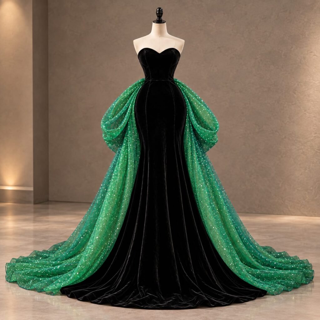 SELLBAY black velvet strapless gown with emerald green glitter tulle draped sleeves and dramatic floor-length trains.