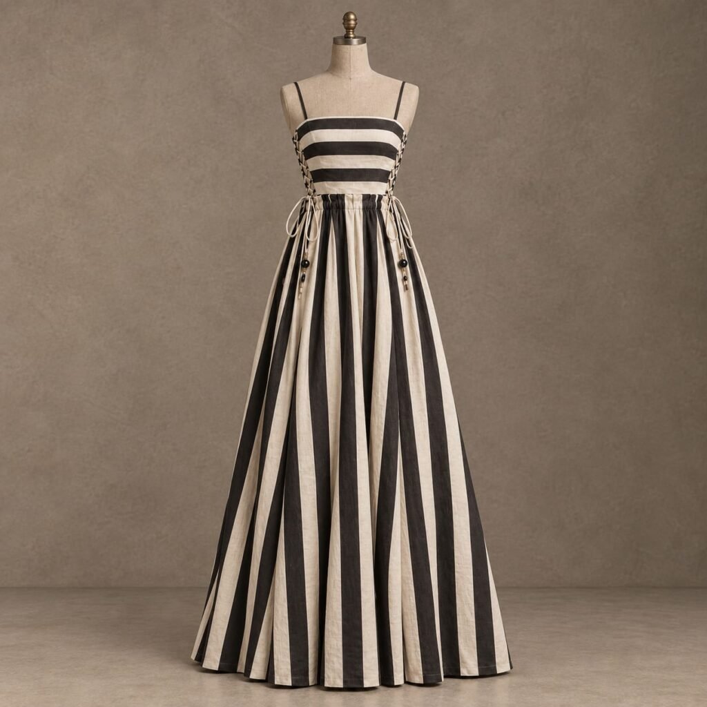 SELLBAY black and ivory striped lace-up floor-length maxi dress displayed on a mannequin in a minimalist taupe-gray studio.
