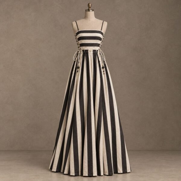 SELLBAY black and ivory striped lace-up floor-length maxi dress displayed on a mannequin in a minimalist taupe-gray studio.
