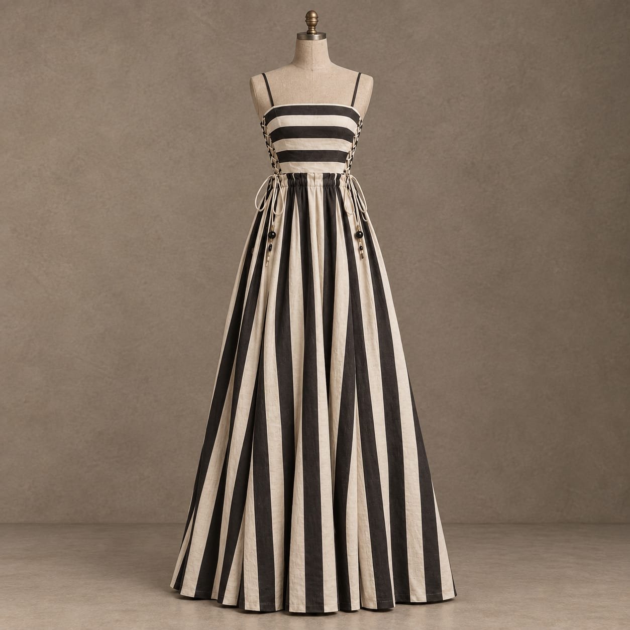 SELLBAY black and ivory striped lace-up floor-length maxi dress displayed on a mannequin in a minimalist taupe-gray studio.