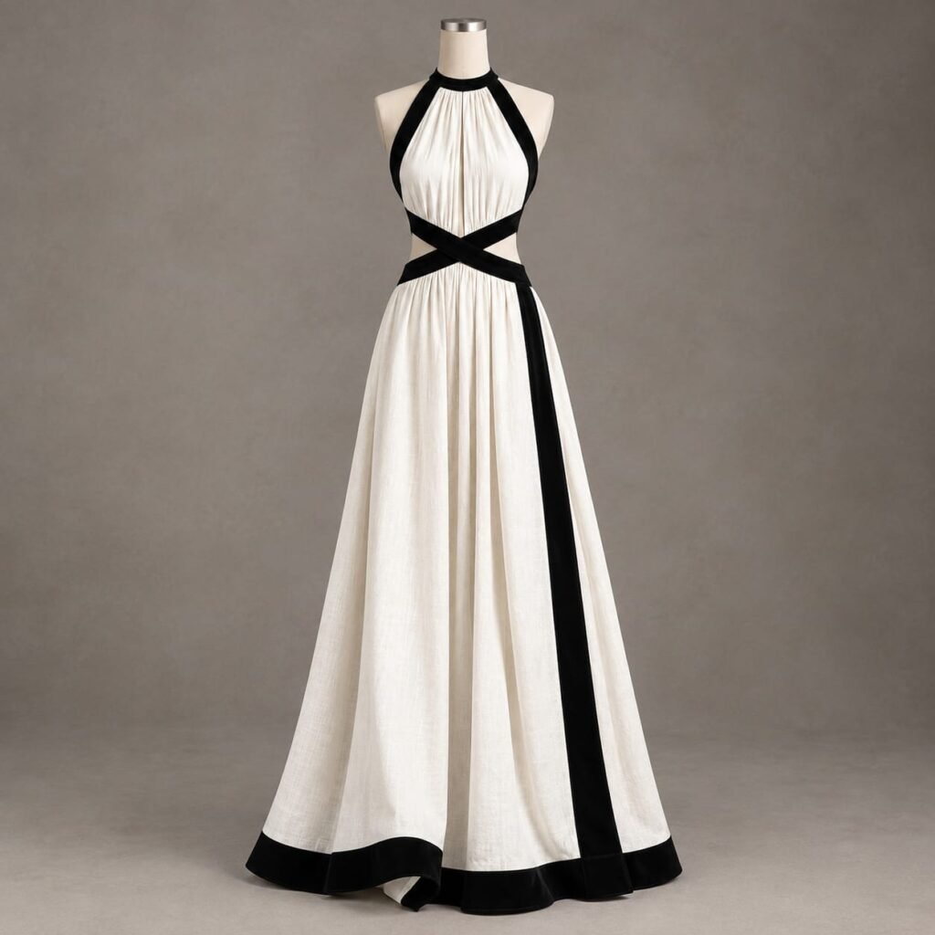 SELLBAY Velvet Cross Halter Gown in ivory with black velvet halter straps, cross-waist detailing, side panel and full-length flowing skirt.