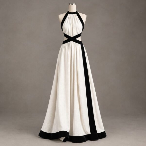 SELLBAY Velvet Cross Halter Gown in ivory with black velvet halter straps, cross-waist detailing, side panel and full-length flowing skirt.