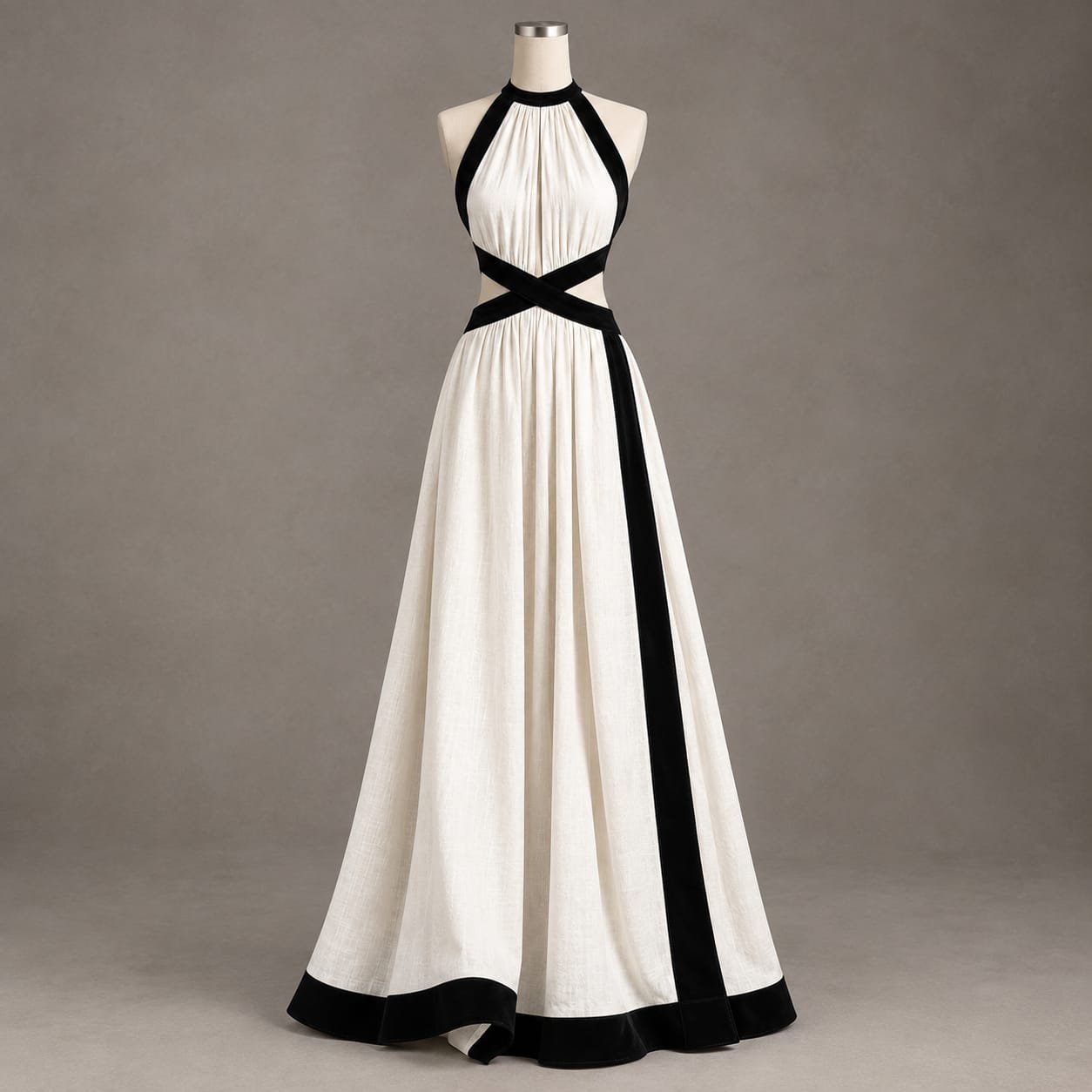 SELLBAY Velvet Cross Halter Gown in ivory with black velvet halter straps, cross-waist detailing, side panel and full-length flowing skirt.
