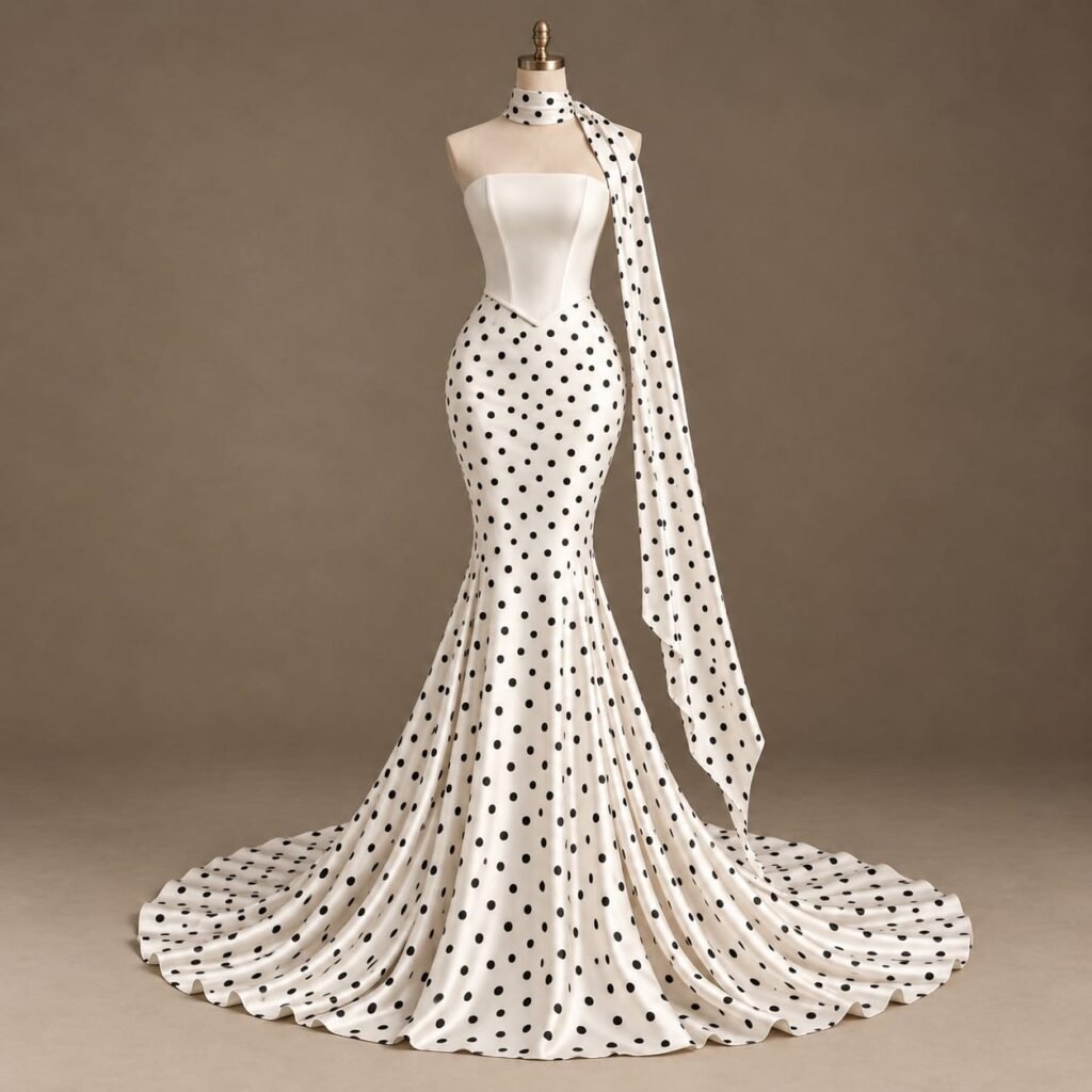 Ivory satin strapless mermaid gown with black polka dots, dramatic floor-length train, and matching long neck scarf on a mannequin.