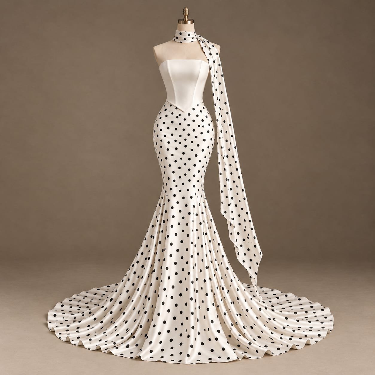 Ivory satin strapless mermaid gown with black polka dots, dramatic floor-length train, and matching long neck scarf on a mannequin.