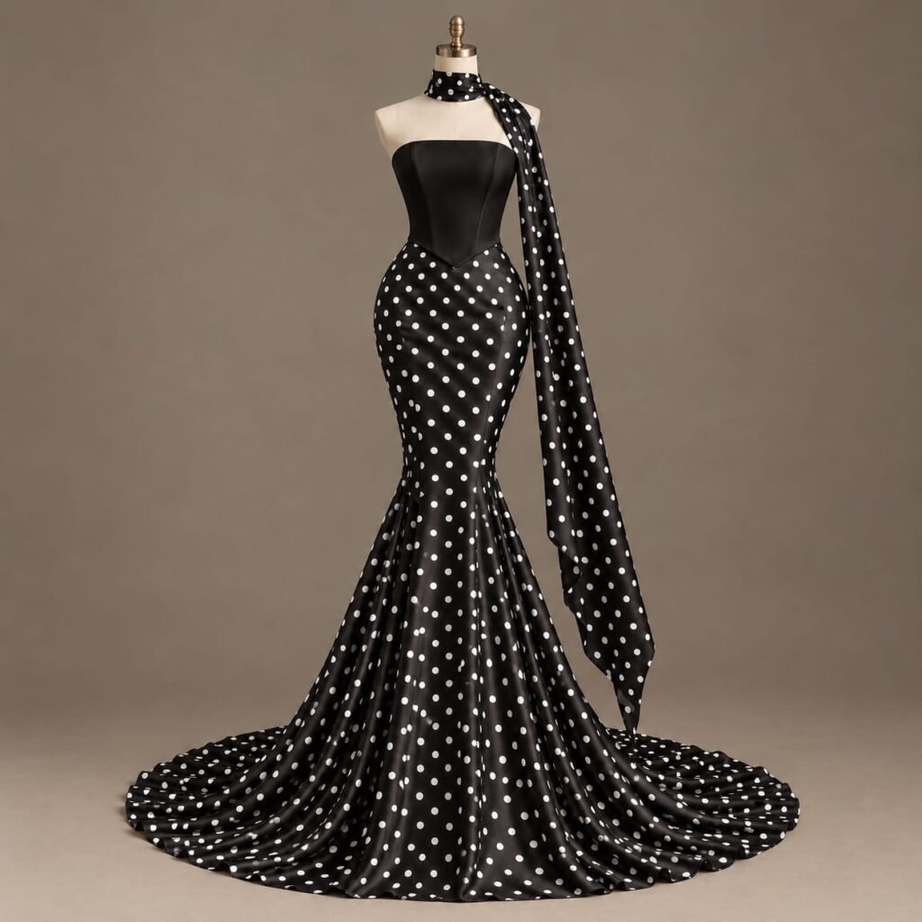Black and white polka dot mermaid gown with strapless corset bodice, flowing train, and matching scarf on mannequin.