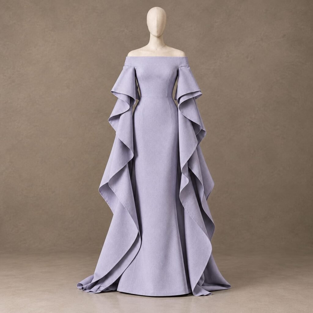 SELLBAY Structured Cotton Sculptural Ruffle Gown in Clinique colour with off-shoulder neckline and cascading sculptural ruffles.