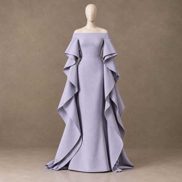 SELLBAY Structured Cotton Sculptural Ruffle Gown in Clinique colour with off-shoulder neckline and cascading sculptural ruffles.