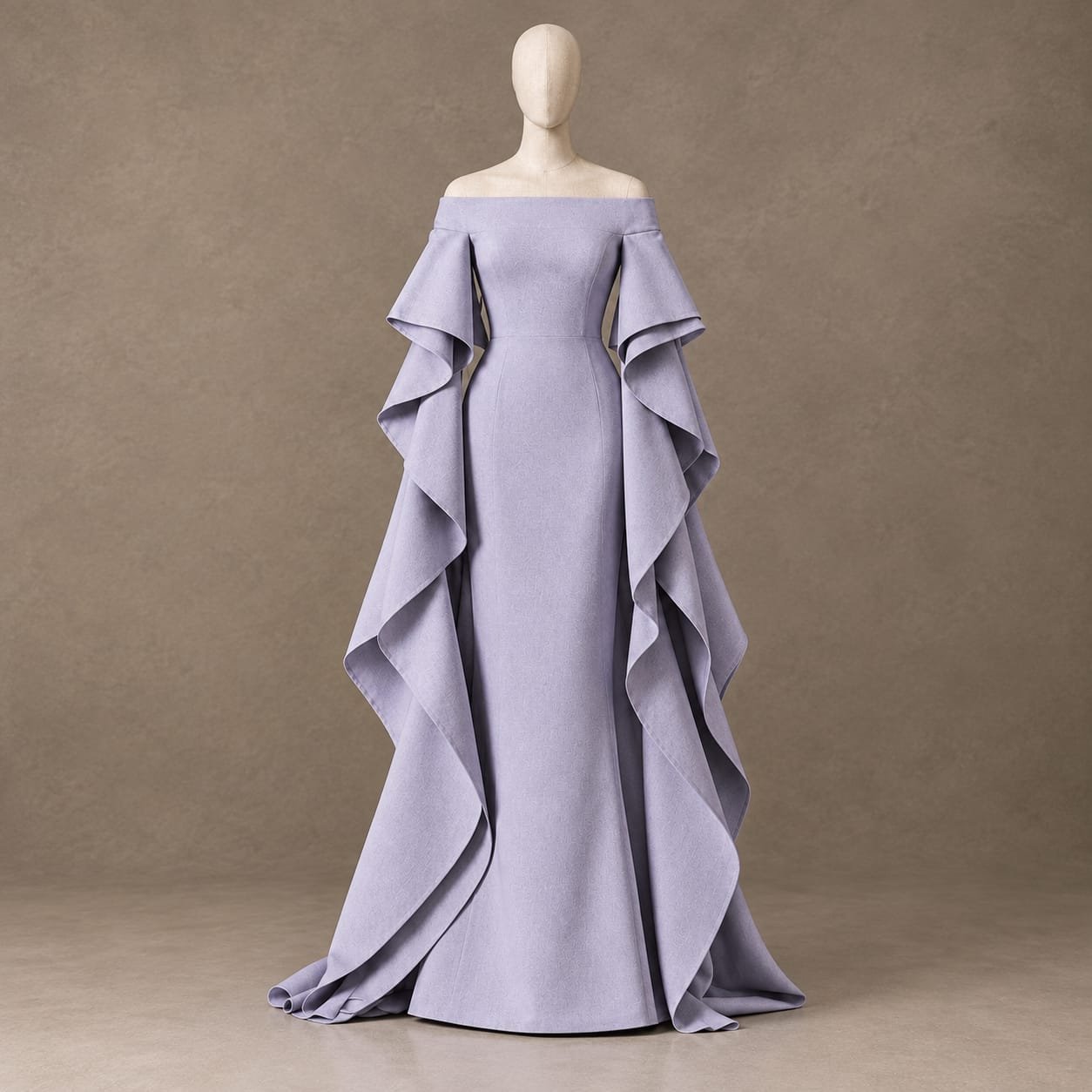 SELLBAY Structured Cotton Sculptural Ruffle Gown in Clinique colour with off-shoulder neckline and cascading sculptural ruffles.
