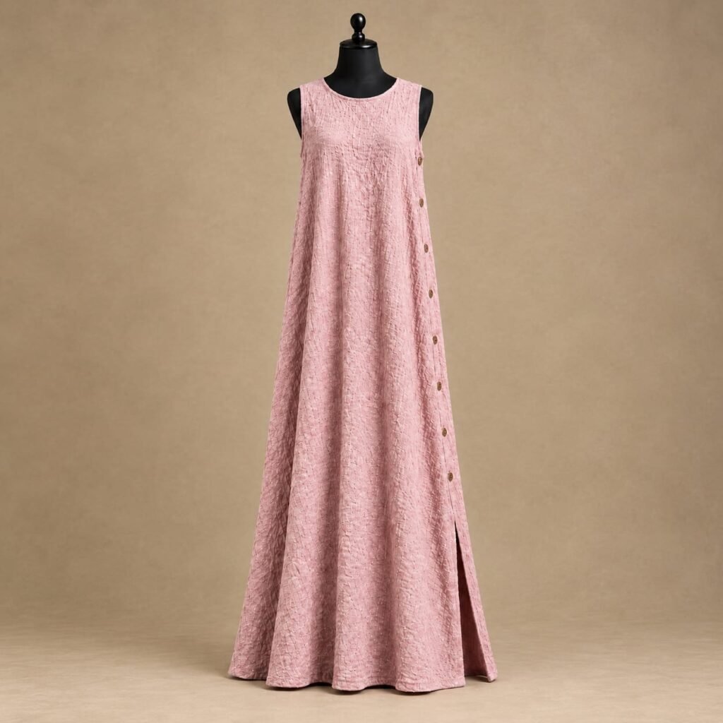 SELLBAY dusty rose pink crinkle cotton sleeveless A-line maxi dress with side buttons on black mannequin