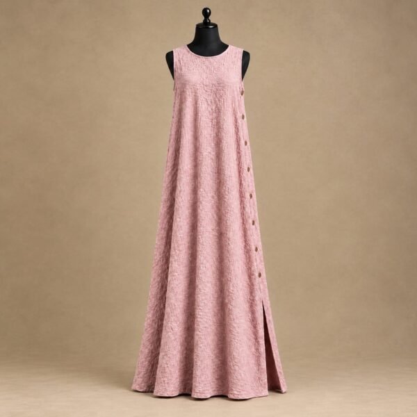 SELLBAY dusty rose pink crinkle cotton sleeveless A-line maxi dress with side buttons on black mannequin
