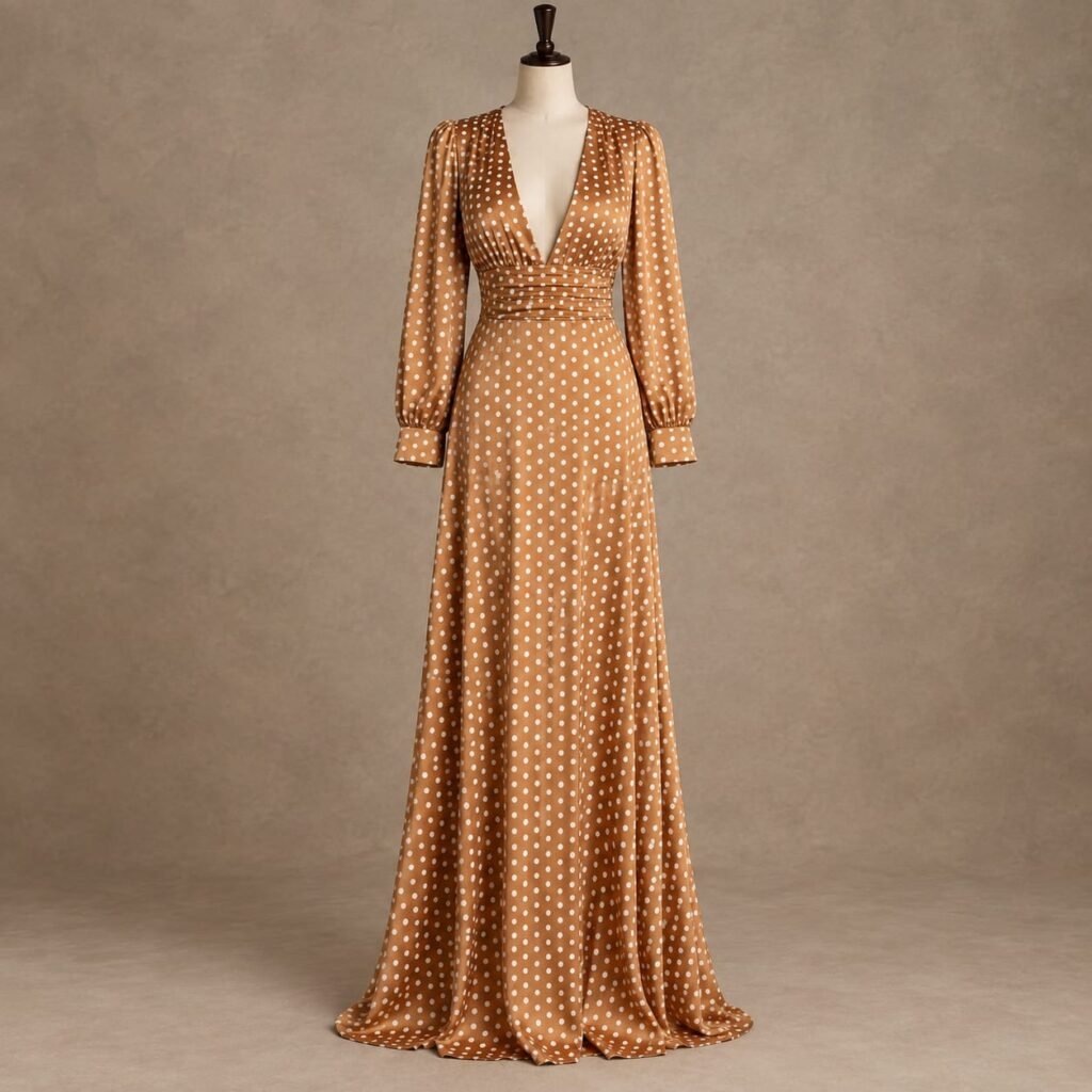 SELLBAY Mocha Polka Dot Satin Dress in full-length front view on mannequin