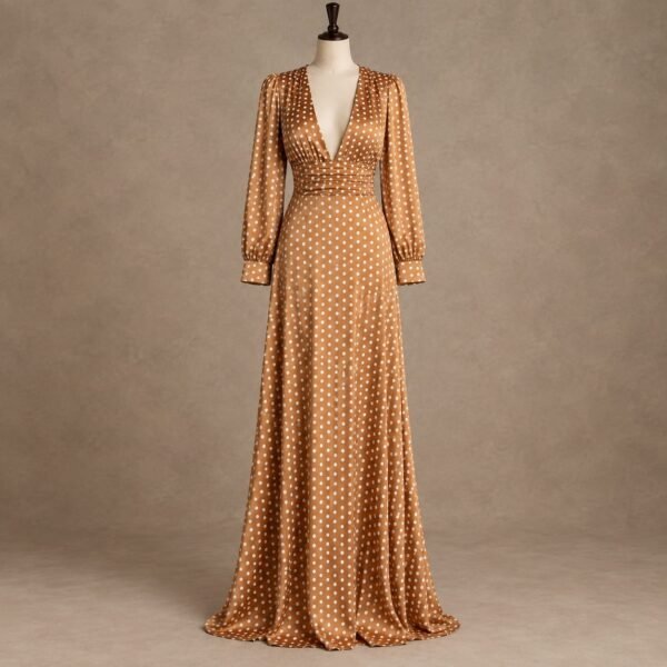 SELLBAY Mocha Polka Dot Satin Dress in full-length front view on mannequin