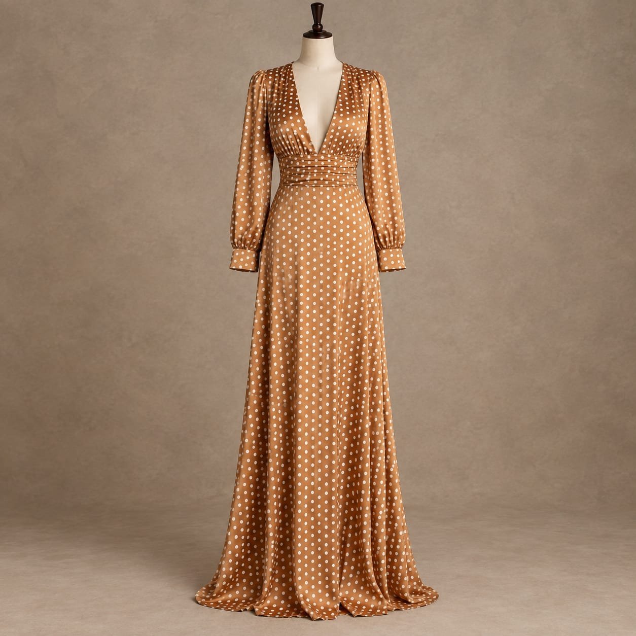 SELLBAY Mocha Polka Dot Satin Dress in full-length front view on mannequin