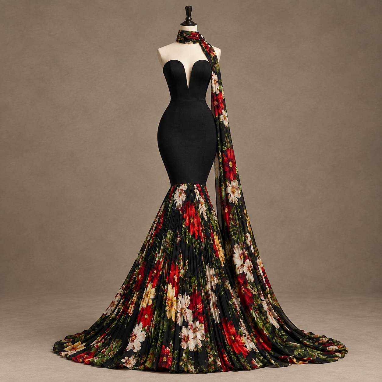 The coordinating floral chiffon scarf adds an elegant finishing touch, while the matching flowing floral details create additional volume and visual interest throughout the design.