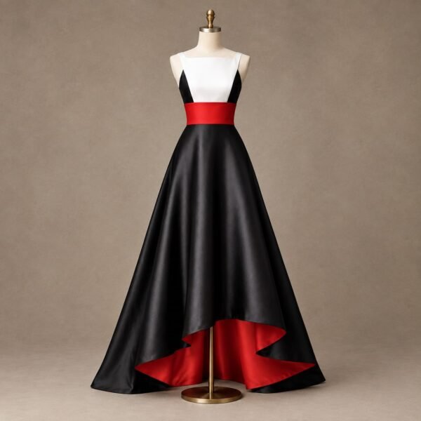 SELLBAY Royal Noir red accent satin gown on mannequin with white bodice, black flowing skirt, red waist sash and red inner lining