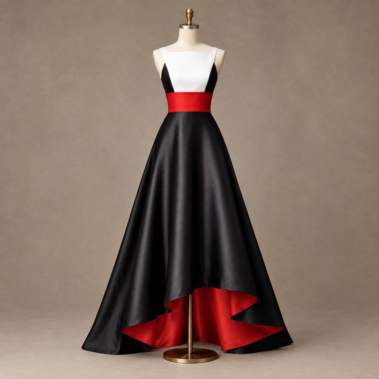 SELLBAY Royal Noir red accent satin gown on mannequin with white bodice, black flowing skirt, red waist sash and red inner lining