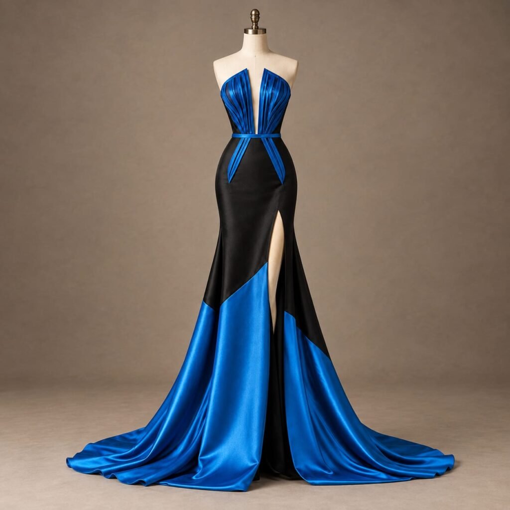 SELLBAY royal blue and black satin mermaid evening gown displayed on a mannequin with a dramatic floor-length train.