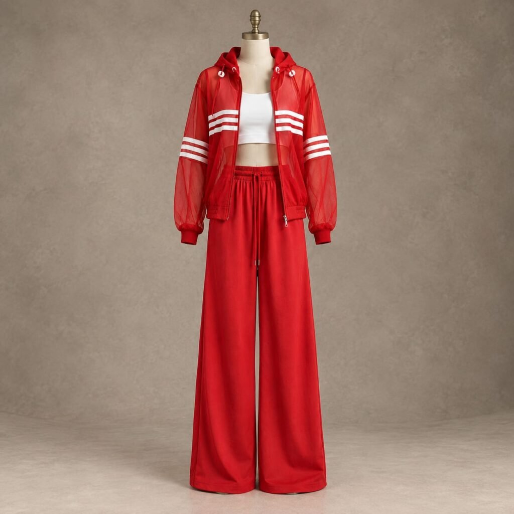 Red women's two-piece tracksuit with sheer hooded zip-up jacket, white stripe detailing, matching wide-leg track pants and white crop top displayed on a mannequin.