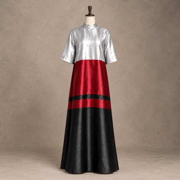 Women’s silver red and black metallic color block high neck maxi dress with short sleeves
