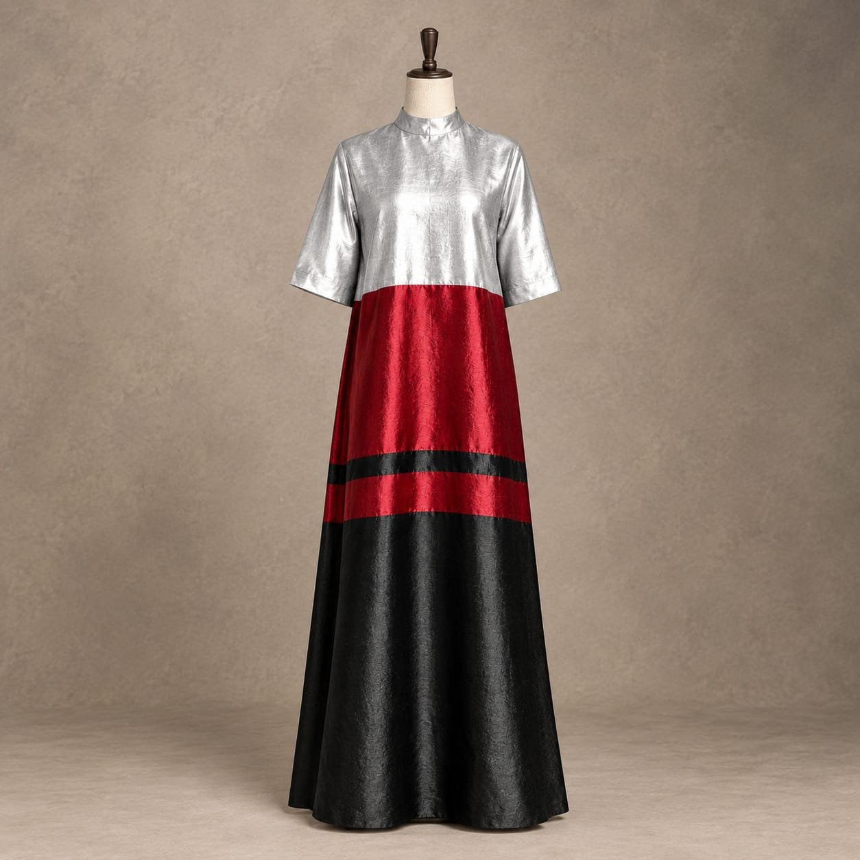 Women’s silver red and black metallic color block high neck maxi dress with short sleeves