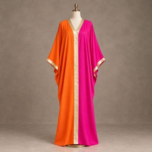 SELLBAY orange and hot pink two-tone women's kaftan with gold trim displayed on a mannequin against a neutral studio background