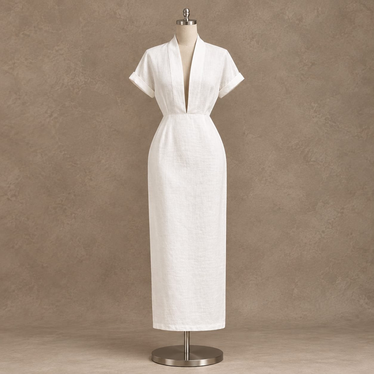 White linen V-neck midi dress displayed on a mannequin against a warm taupe minimalist studio backdrop.