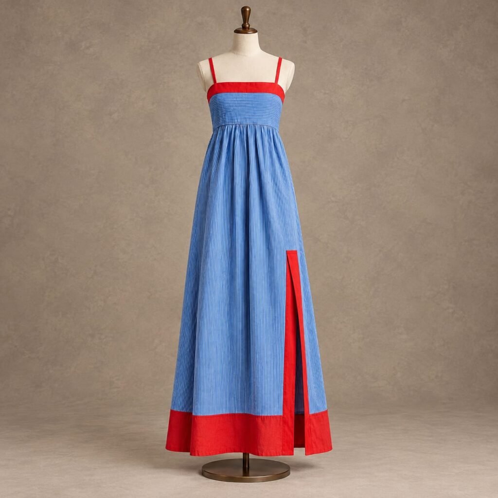 ALT TEXT Blue and white pinstripe maxi dress with red trim, gathered bodice, side slit, and red hem displayed on a mannequin.