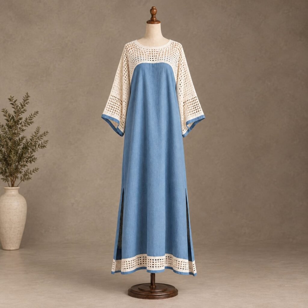 Blue and cream full-length maxi dress with crochet upper panel, wide sleeves, blue trim, and side slits displayed on a mannequin.