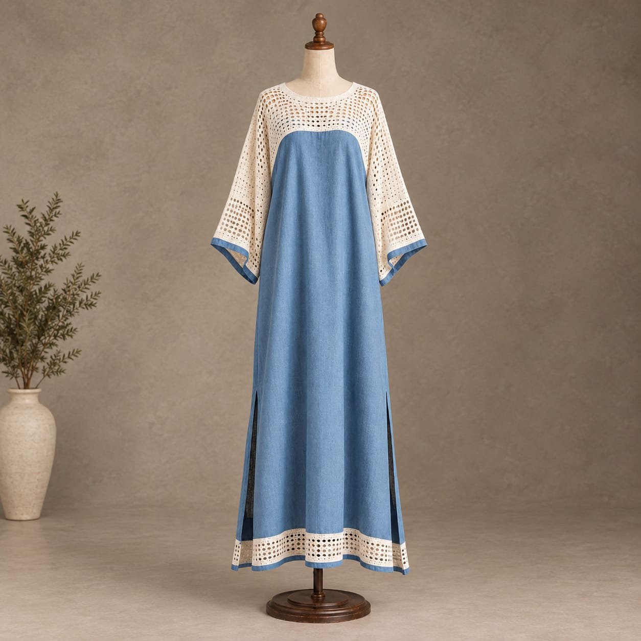 Blue and cream full-length maxi dress with crochet upper panel, wide sleeves, blue trim, and side slits displayed on a mannequin.