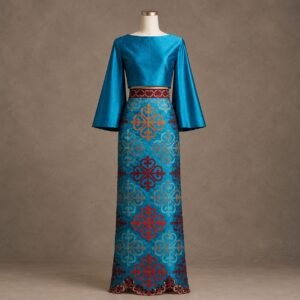 SELLBAY turquoise heritage maxi with patterned skirt, flared sleeves, embroidered waistband and decorative hem