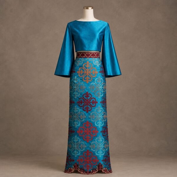 SELLBAY turquoise heritage maxi with patterned skirt, flared sleeves, embroidered waistband and decorative hem
