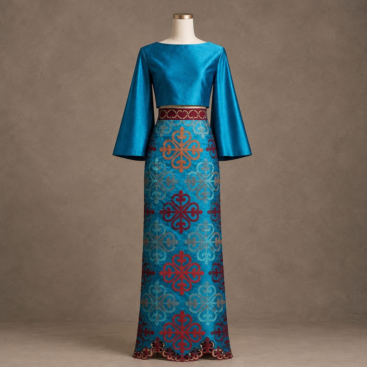 SELLBAY turquoise heritage maxi with patterned skirt, flared sleeves, embroidered waistband and decorative hem