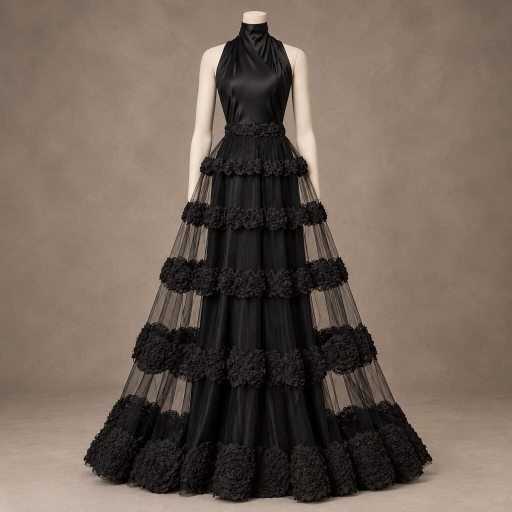 SELLBAY Black Rose Tiered Gown with sheer tulle layers and black floral appliqué