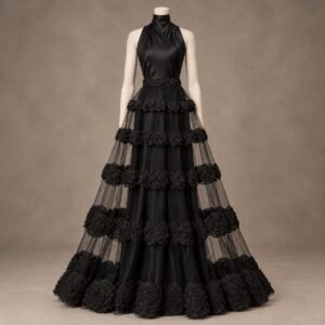 SELLBAY Black Rose Tiered Gown with sheer tulle layers and black floral appliqué