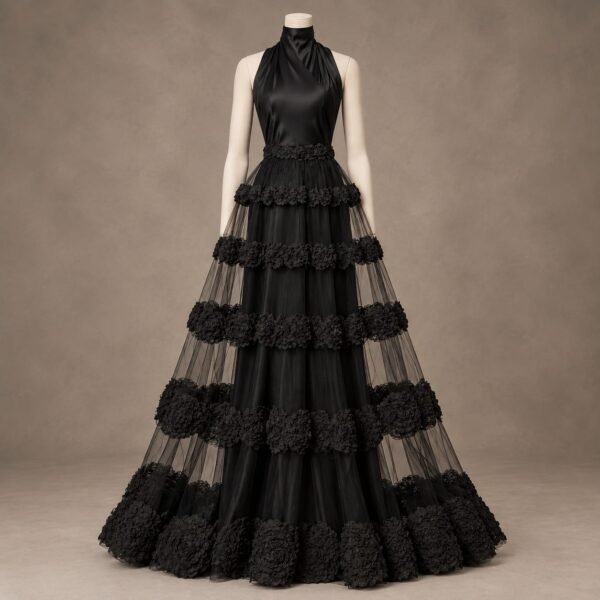 SELLBAY Black Rose Tiered Gown with sheer tulle layers and black floral appliqué
